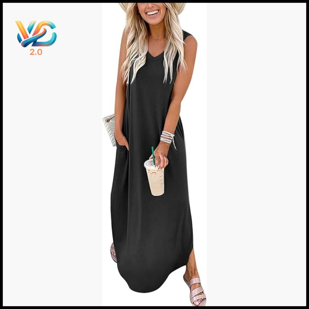 Maxi Dress Sleeveless V-Neck Loose Fit With Pockets Summer Casual